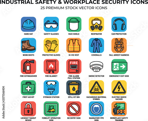 Industrial Safety Workplace Security Icons 25 Premium Vector Coveralls Fall Arrest Smoke Detector Spill Kit Forklift Training EPS
