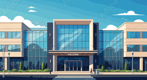 Modern glass office building with a welcome sign above the entrance and a person walking towards the automatic doors.