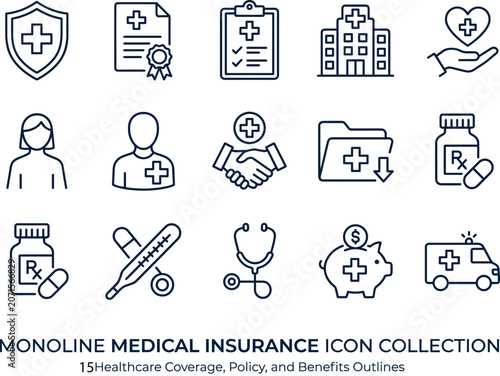 Monoline Medical Insurance Icon Collection, 15 Healthcare Coverage and Policy Outline Vector Icons