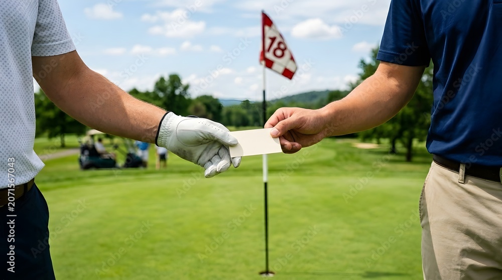 Obraz premium Two golfers shaking hands on a sunny golf course.