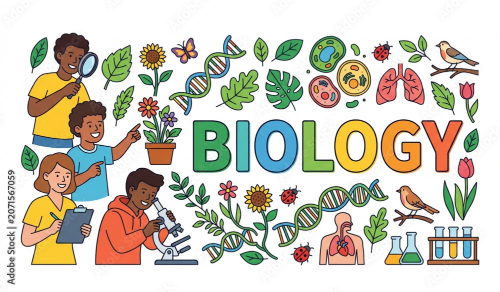 Fototapeta premium Biology Typographic Header with Students Exploring Anatomy and Botany Flat Vector Illustration