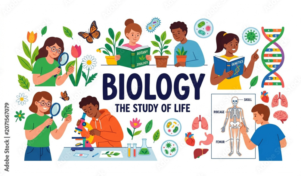 Fototapeta premium Biology Education Header with Anatomy and Botany Study Concepts Vector Illustration