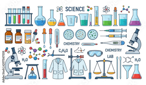 Tableau sur toile Flat Laboratory Equipment Collection with Chemistry Glassware and Medical Scienc
