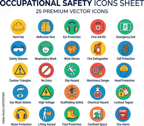 Occupational Safety Icons Sheet 25 Premium Vector Hard Hat Slip Hazard Machinery Confined Space Foot Protection Fire Alarm Flat EPS