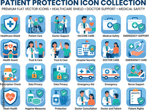 Patient Protection Icon Collection, Premium Flat Vector Healthcare Shield and Medical Safety Icons