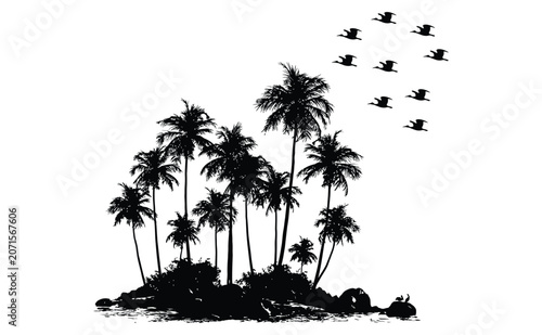 Island palm trees silhouette against sun and flying birds