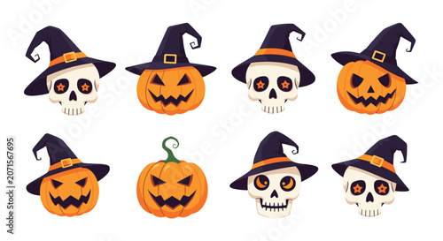 Fun collection of Halloween icons featuring spooky skulls and carved pumpkins wearing black witch hats arranged in a grid pattern.