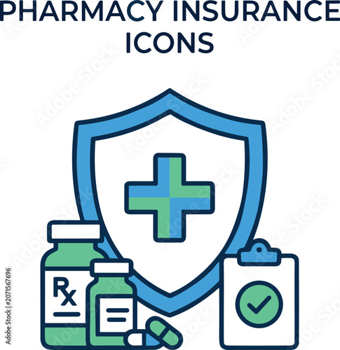 Pharmacy Insurance Icon, Medical Protection Shield with Prescription Medicine Flat Vector Illustration