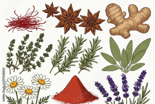 Collection of hand drawn culinary herbs and spices in a detailed vintage illustration style on a plain background.