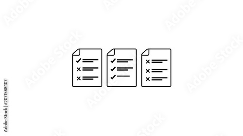 Three Document Checklist Comparison Icon Animation with Full Success Ticks and Cross Marks Pop up Motion Loop on Plain Isolated White Background.