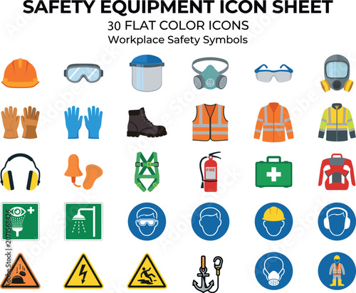 Safety Equipment Icon Sheet 30 Flat Color Vector Workplace Symbols Helmet Gloves Hi-Vis Jacket Ear Plugs Anchor Mandatory Signs EPS