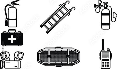 Emergency and first aid equipment icon set featuring fire extinguisher ladder oxygen tank first aid kit stretcher and radio.