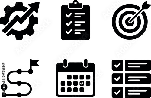 Six Business Productivity Icon Set — Growth Gear Checklist Target Roadmap Calendar Task List Black Glyph Vector Isolated White Background