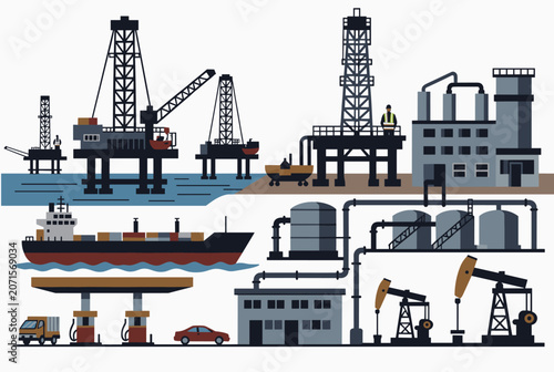 Detailed infographic layout showing the complete petroleum industry chain from offshore drilling rigs to gas stations.