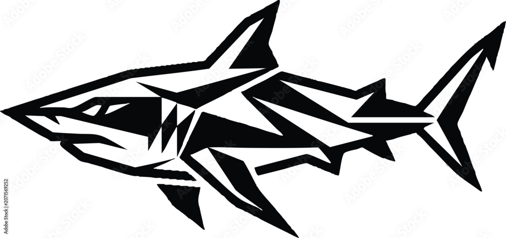 Fototapeta premium The 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 shark swims in the ocean with fins and tail.