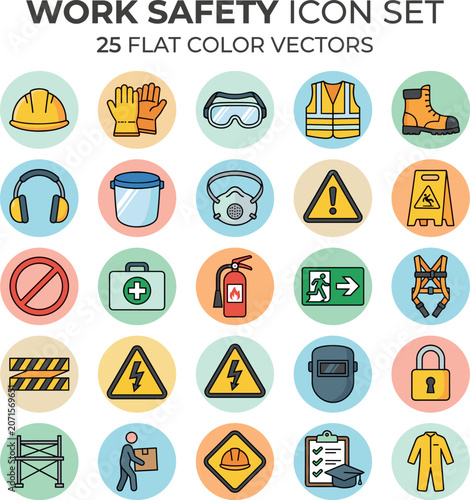 Work Safety Icon Set 25 Flat Color Vector Helmet Gloves Harness Scaffold Lifting Coveralls Training Checklist Welding Mask Lock EPS