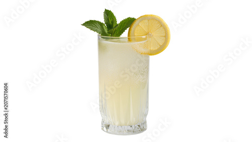 Tall glass of lemonade with lemon slice and mint leaves, isolated on transparent background