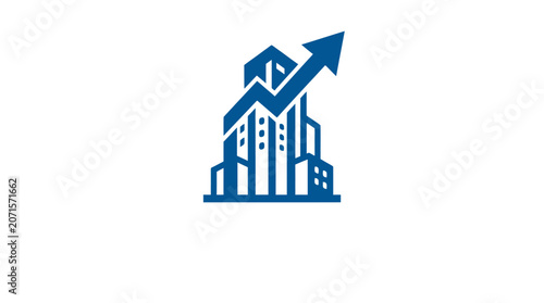 A blue icon of buildings with an upward arrow.