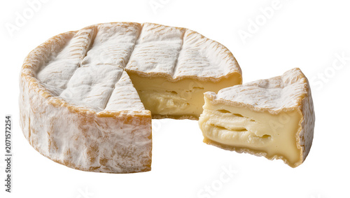 Vászonkép Whole wheel of soft bloomy rind cheese with a slice cut out, isolated on transpa