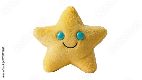 Fluffy yellow star plush toy with blue eyes and smiling mouth, isolated on transparent background