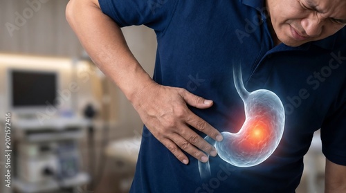 Man Suffering From Stomach Pain With Anatomical Stomach Overlay and Gastric Inflammation Concept