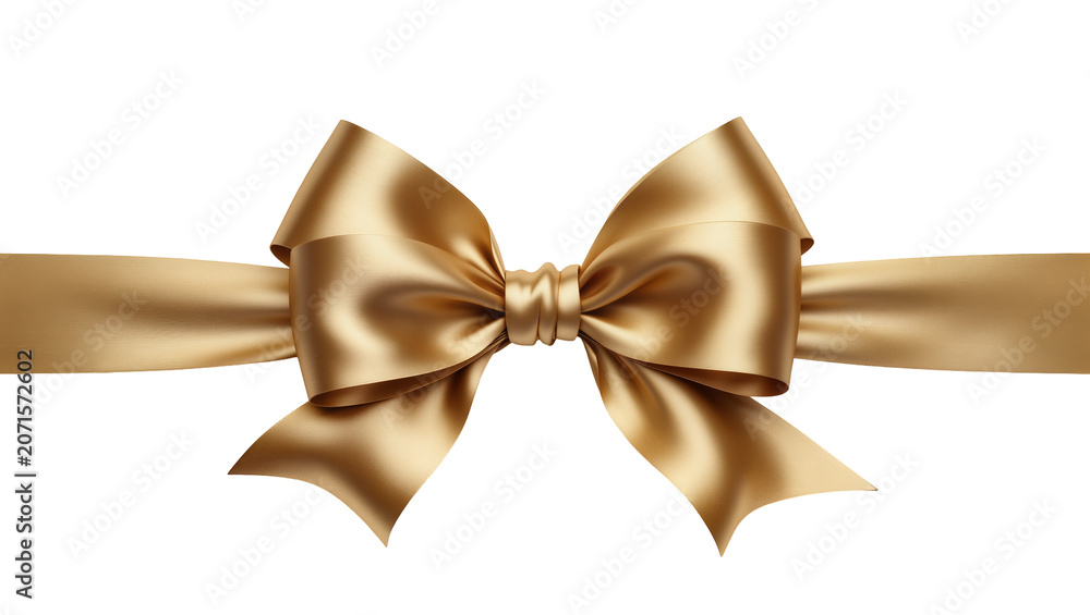 Fototapeta premium Luxurious golden satin ribbon tied into a perfect bow, isolated on transparent background