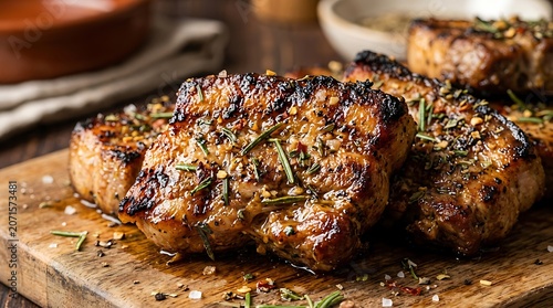 Grilled beef chops on a wooden cutting board with herbs and spices