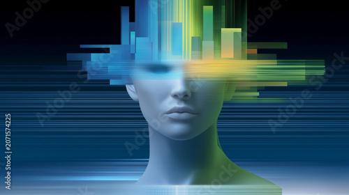 Abstract human face with digital data streams and geometric light structures obscuring the eyes symbolizing artificial intelligence machine learning and the fusion of human cognition with advanced tec