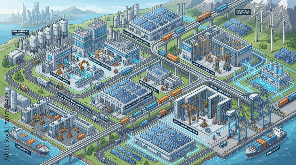 Fototapeta premium Isometric illustration of a modern industrial manufacturing complex.