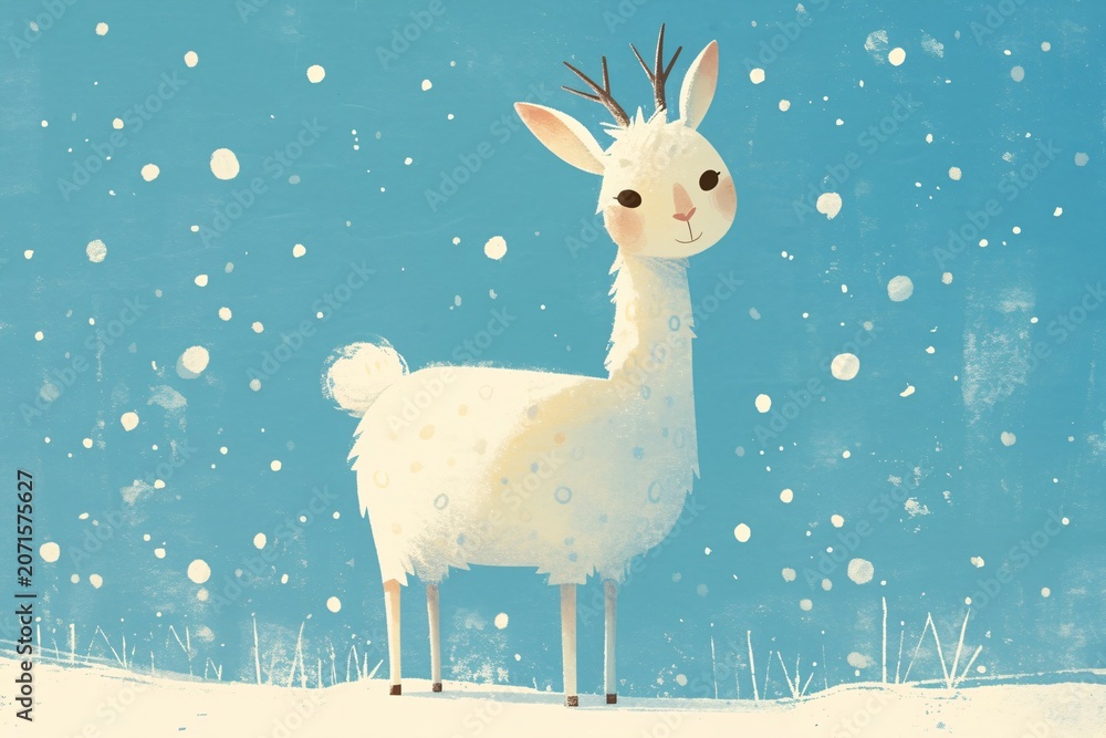 Fototapeta premium Cute llama with deer antler standing in falling snow. Funny vintage farm animal illustration for holiday greeting card design. Winter fantasy art with whimsical forest character.