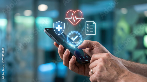 close-up of hands holding a smartphone, floating holographic icons of a heart with ECG pulse line, medical shield with cross, checklist document outline, and approved blue badge, modern background
