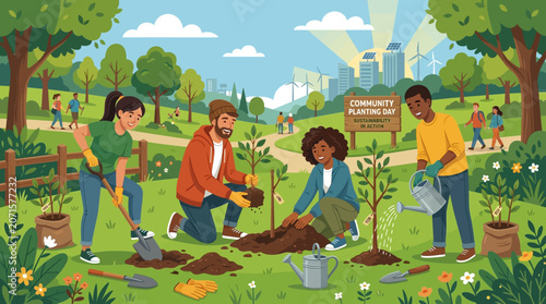 Young Volunteers Planting Trees Eco Campaign Vector