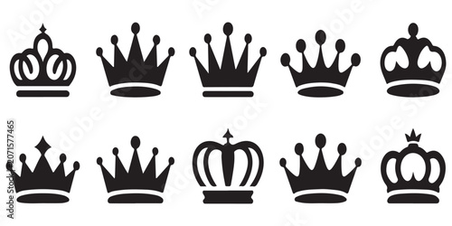 Vászonkép Collection of ten diverse black crown icons representing royalty and power