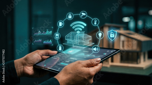 Smart Home Insurance Concept with Tablet, Connected House Wifi Icons and Digital Protection Shield