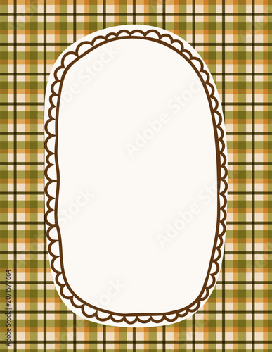 decorative vintage autumn card with hand drawn doodle frame on gingham pattern in pastel earth tones for invitations, scrapbooking, labels, greeting cards, stationery design