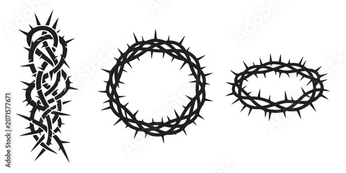 Collection of thorn crown silhouettes religious style elements black graphic icons isolated on white background vector.