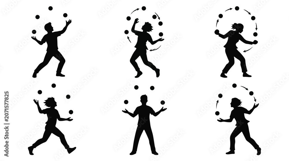 Obraz premium Silhouette of a juggler in motion, juggling balls