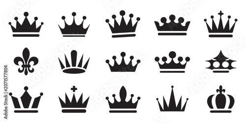 Fotografía Black crown icons set on white background collection of royal headgear silhouettes luxury symbols for king queen