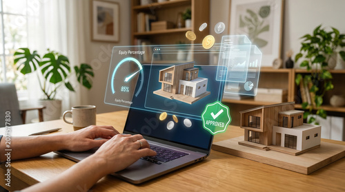 Home Equity Loan Concept with Laptop, House Model, Percentage Gauge and Approved Finance Badge