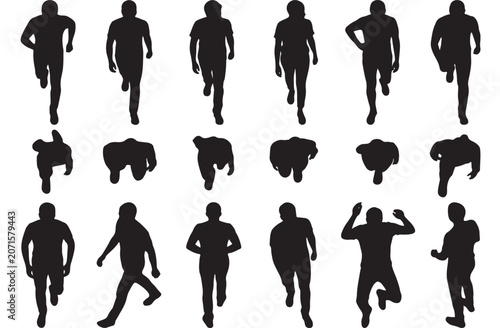 Running people silhouettes set, athletic men and women jogging vector collection, front and top view people silhouettes for architectural rendering