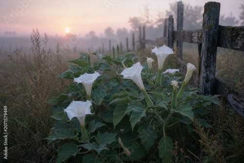 A cluster of datura plants growing wild near a weathered fence in a misty field at dawn.