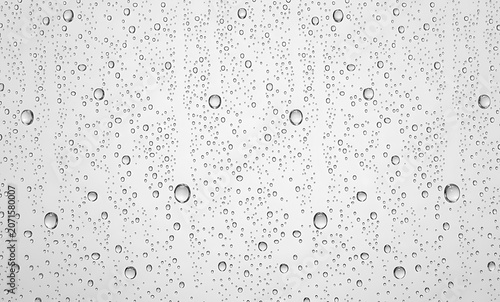 Realistic water drops on light grey glass background condensation texture vector illustration