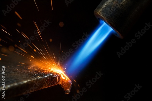 Extreme close-up of a blue flame melting metal, with sparks on a dark background.