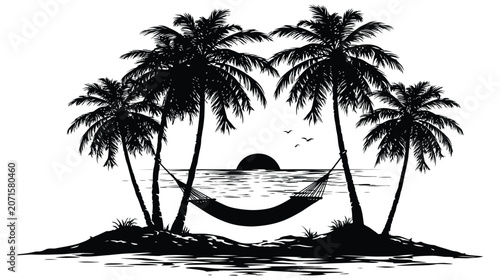 Island silhouette icon tropical hammock with palm trees and sunset