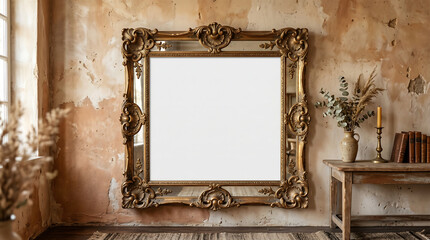 Large ornate gold frame mockup on rustic wall with wooden table