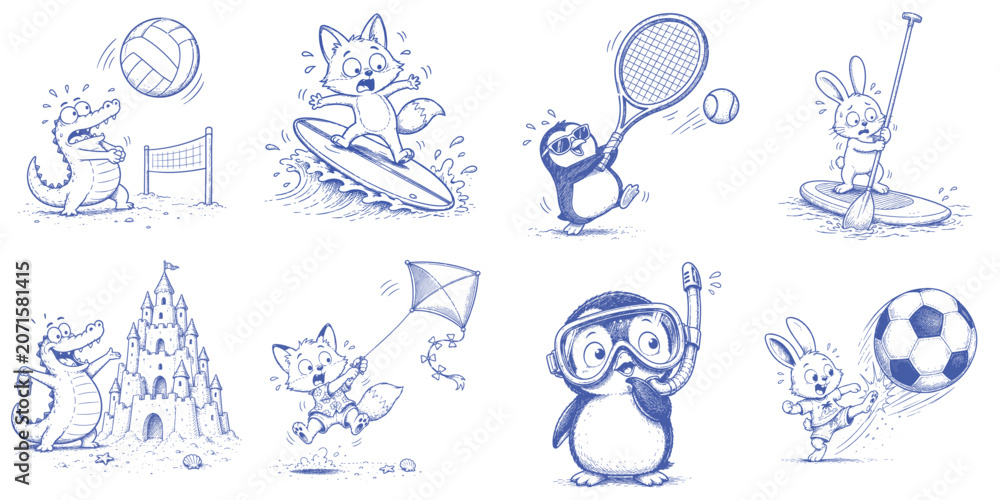 Fototapeta premium Funny Beach Sports Animal Collection with Volleyball Surfing Paddleboarding Sandcastle and Snorkeling Activities