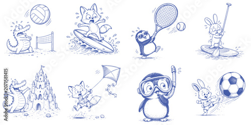 Funny Beach Sports Animal Collection with Volleyball Surfing Paddleboarding Sandcastle and Snorkeling Activities