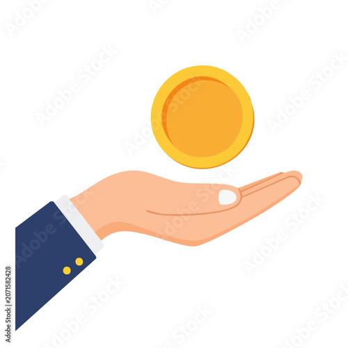 Hand holding a gold coin, flat vector illustration