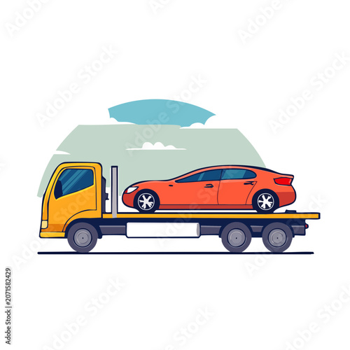 Flatbed truck transporting a red sedan car, vector illustration