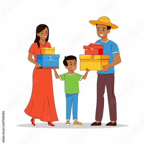 Happy Family Holding Gift Boxes